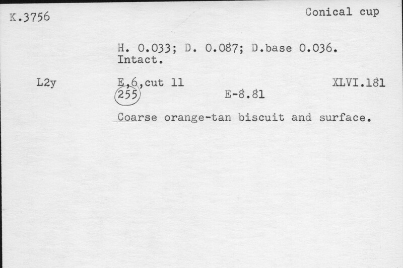 Index card with typed and handwritten information, sometimes including a sketch, of pottery from an excavation.