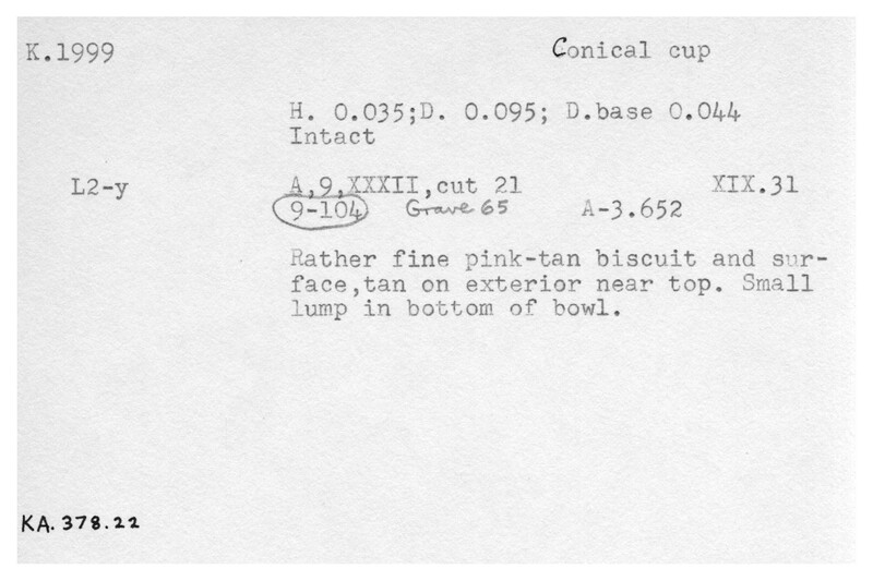 Index card with typed and handwritten information, sometimes including a sketch, of pottery from an excavation.