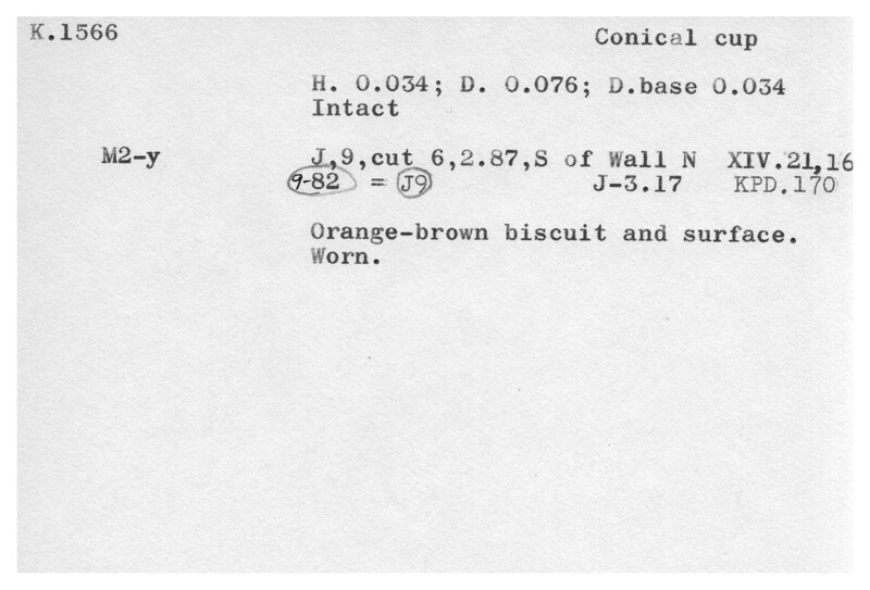 Index card with typed and handwritten information, sometimes including a sketch, of pottery from an excavation.
