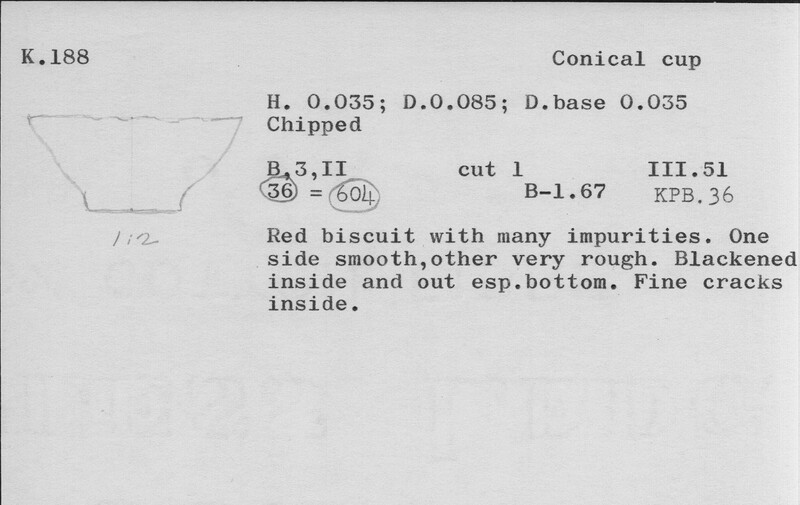 Index card with typed and handwritten information, sometimes including a sketch, of pottery from an excavation.
