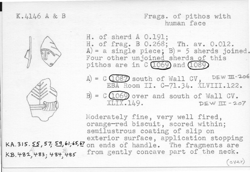 Index card with typed and handwritten information, sometimes including a sketch, of pottery from an excavation.