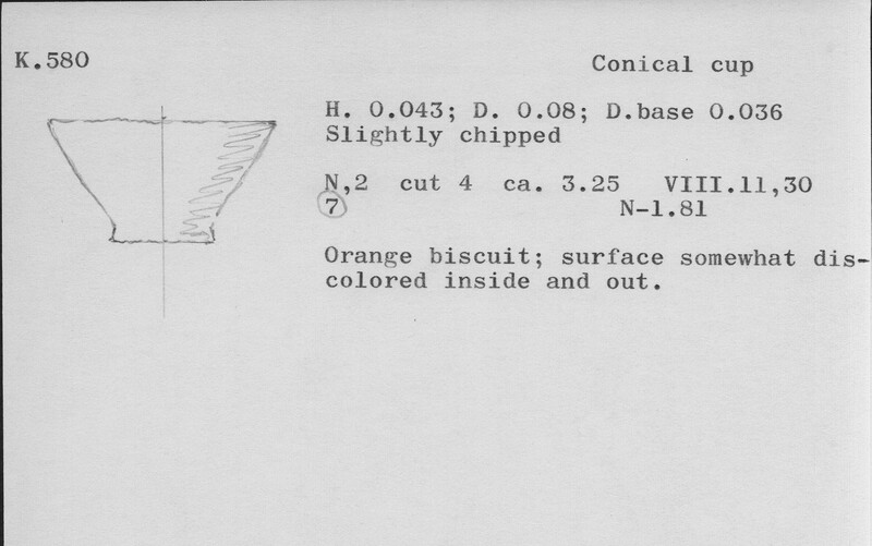 Index card with typed and handwritten information, sometimes including a sketch, of pottery from an excavation.