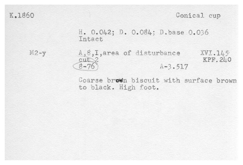 Index card with typed and handwritten information, sometimes including a sketch, of pottery from an excavation.