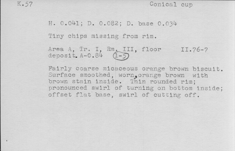 Index card with typed and handwritten information, sometimes including a sketch, of pottery from an excavation.