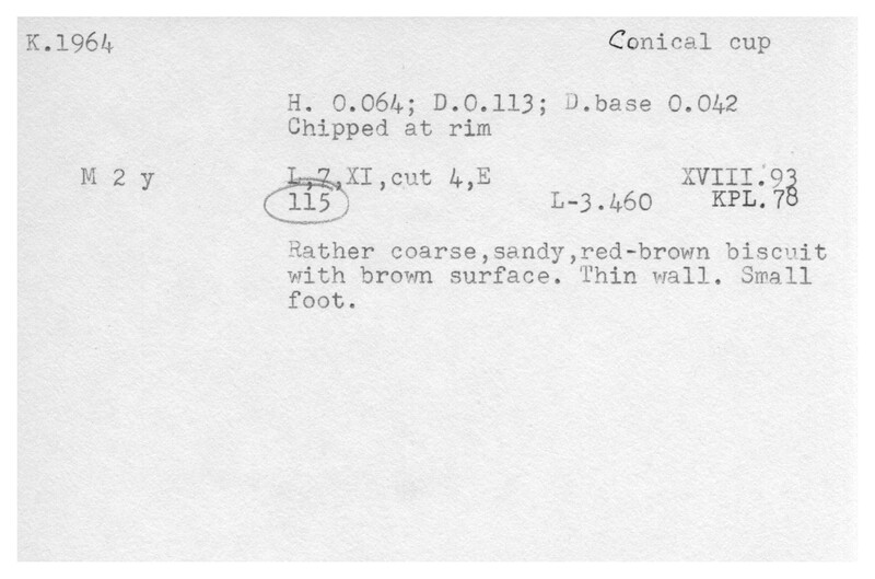 Index card with typed and handwritten information, sometimes including a sketch, of pottery from an excavation.
