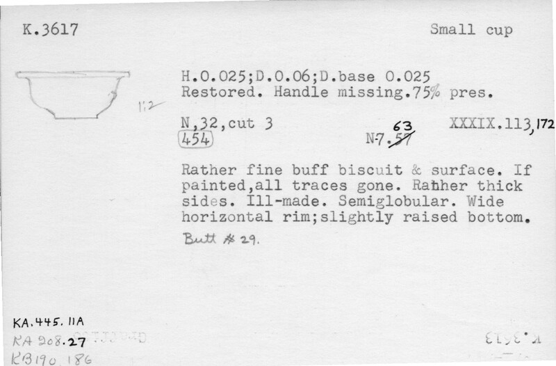 Index card with typed and handwritten information, sometimes including a sketch, of pottery from an excavation.