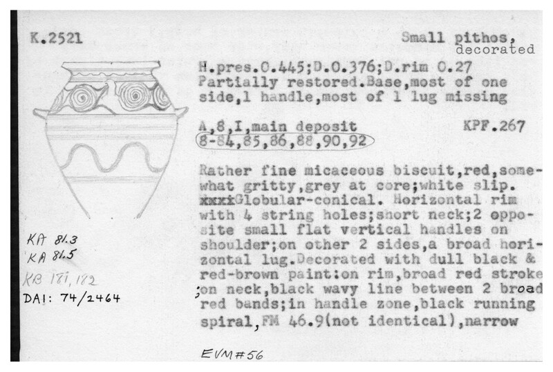Index card with typed and handwritten information, sometimes including a sketch, of pottery from an excavation.
