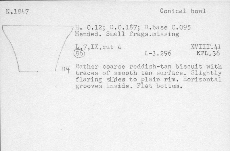 Index card with typed and handwritten information, sometimes including a sketch, of pottery from an excavation.