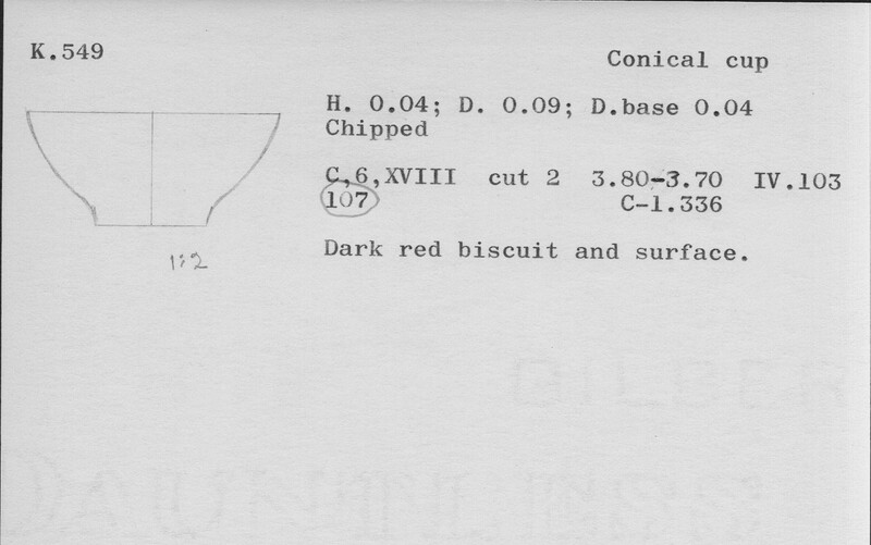 Index card with typed and handwritten information, sometimes including a sketch, of pottery from an excavation.