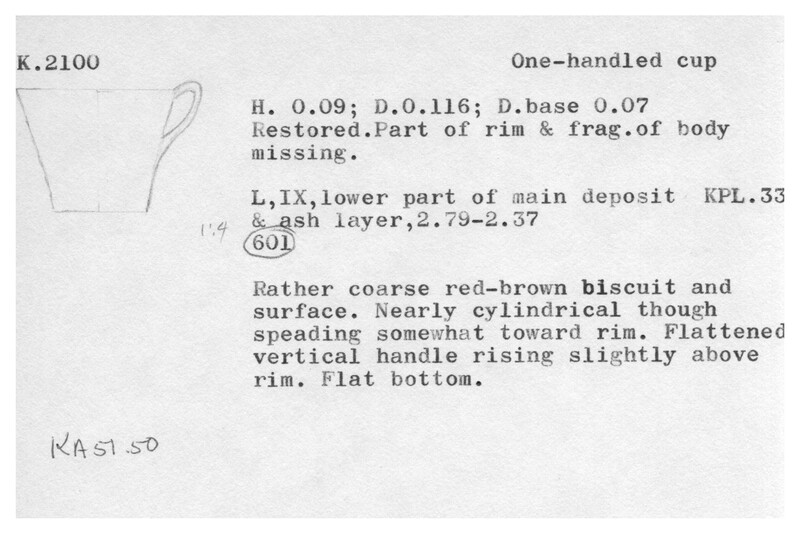 Index card with typed and handwritten information, sometimes including a sketch, of pottery from an excavation.