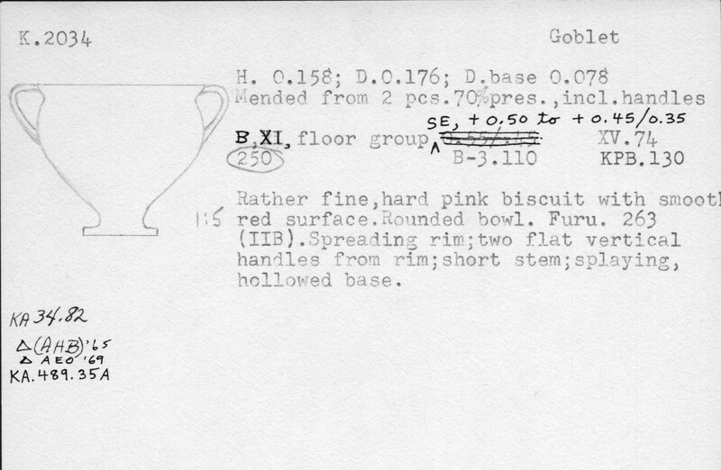 Index card with typed and handwritten information, sometimes including a sketch, of pottery from an excavation.