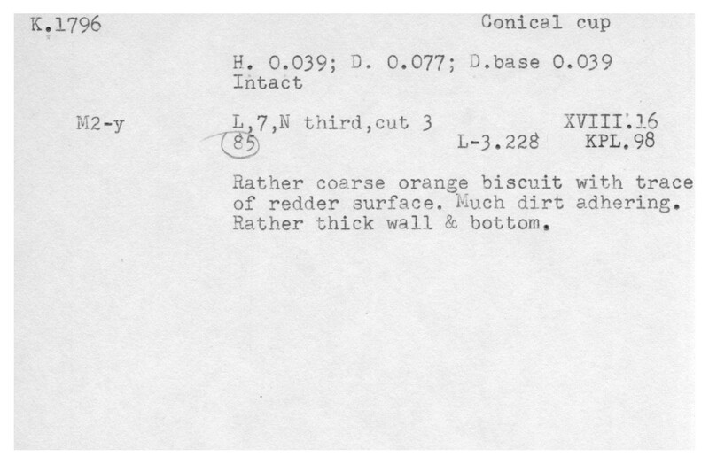 Index card with typed and handwritten information, sometimes including a sketch, of pottery from an excavation.