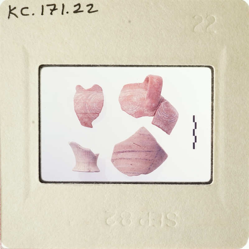A collection of ancient pottery shards on a white background, possibly displayed on an identification card.