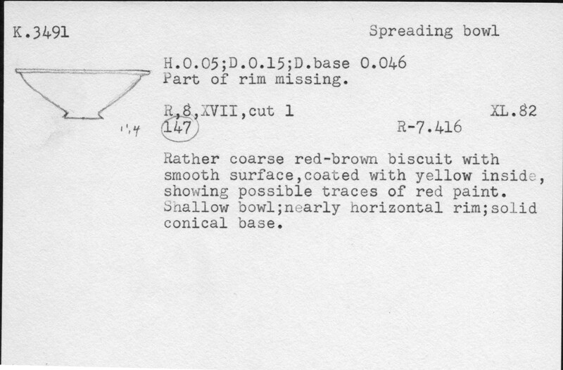 Index card with typed and handwritten information, sometimes including a sketch, of pottery from an excavation.