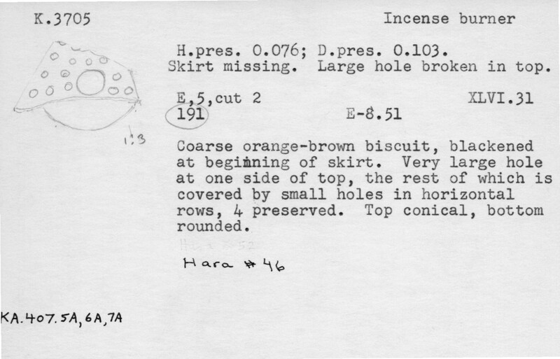 Index card with typed and handwritten information, sometimes including a sketch, of pottery from an excavation.
