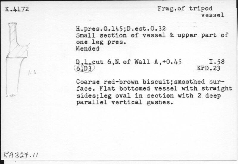Index card with typed and handwritten information, sometimes including a sketch, of pottery from an excavation.