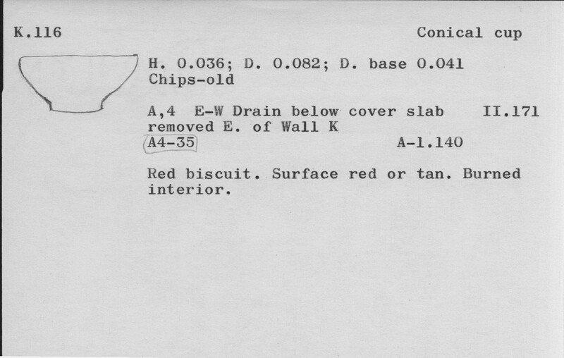 Index card with typed and handwritten information, sometimes including a sketch, of pottery from an excavation.
