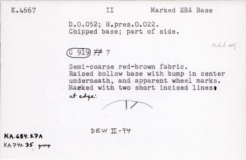 Index card with typed and handwritten information, sometimes including a sketch, of pottery from an excavation.