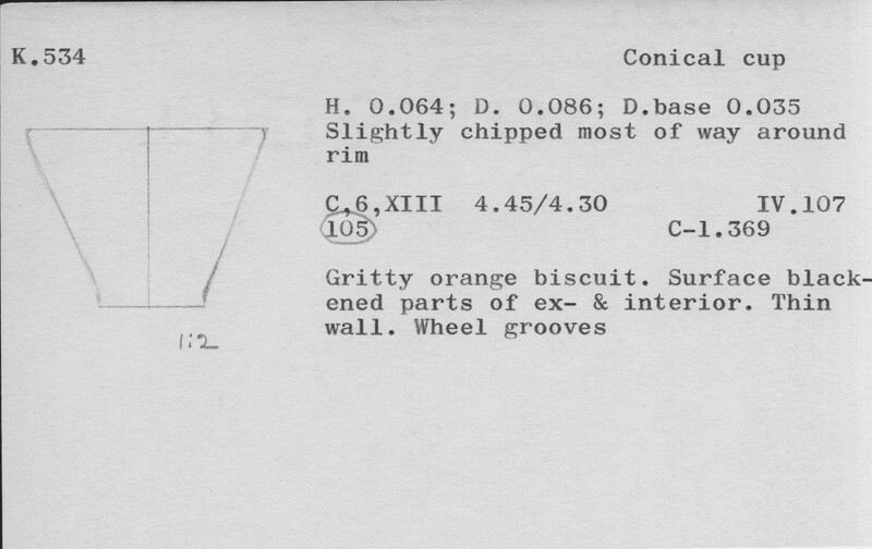 Index card with typed and handwritten information, sometimes including a sketch, of pottery from an excavation.