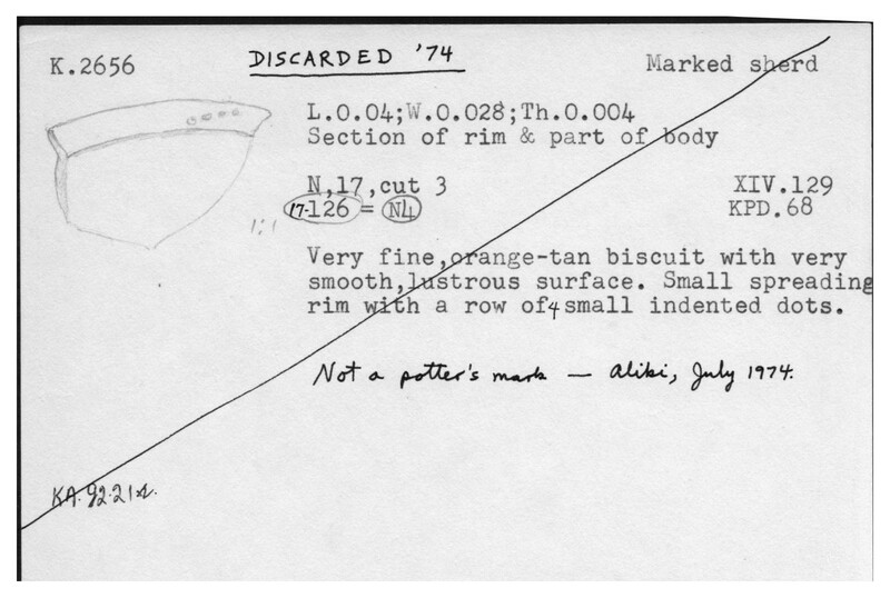 Index card with typed and handwritten information, sometimes including a sketch, of pottery from an excavation.