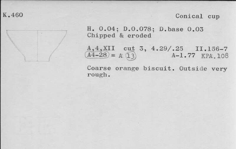 Index card with typed and handwritten information, sometimes including a sketch, of pottery from an excavation.