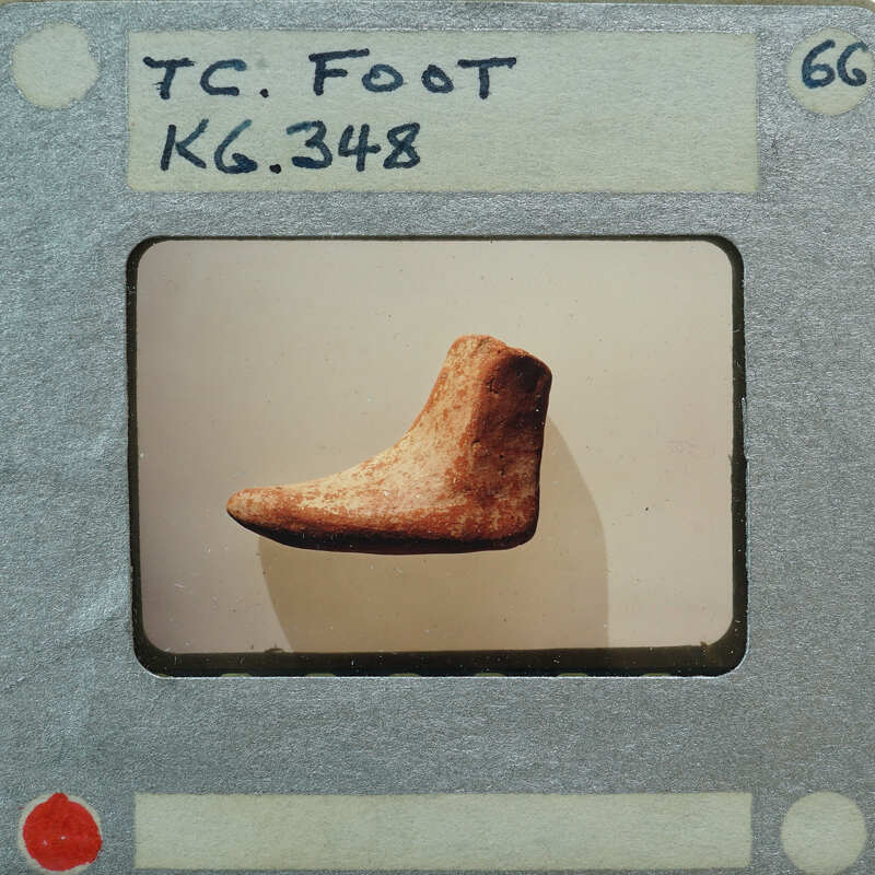 An old, worn-out shoe photographed on a film strip with a label that reads "TC KG 3467".