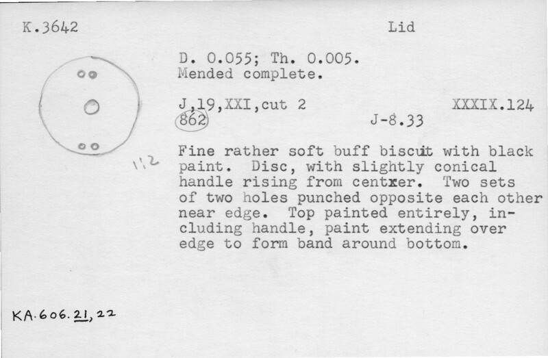 Index card with typed and handwritten information, sometimes including a sketch, of pottery from an excavation.