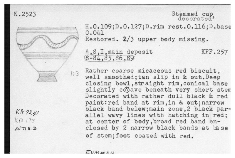 Index card with typed and handwritten information, sometimes including a sketch, of pottery from an excavation.