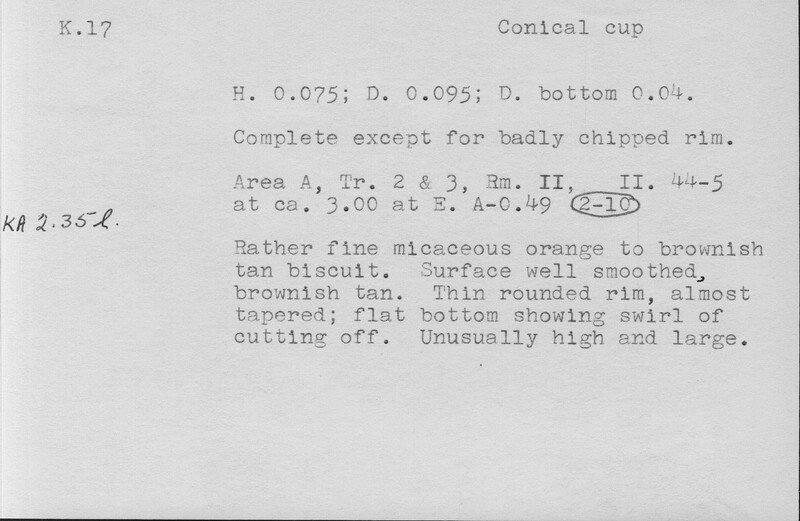 Index card with typed and handwritten information, sometimes including a sketch, of pottery from an excavation.