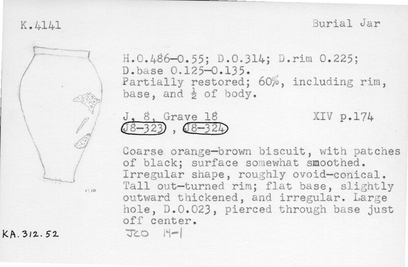 Index card with typed and handwritten information, sometimes including a sketch, of pottery from an excavation.
