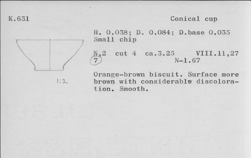 Index card with typed and handwritten information, sometimes including a sketch, of pottery from an excavation.