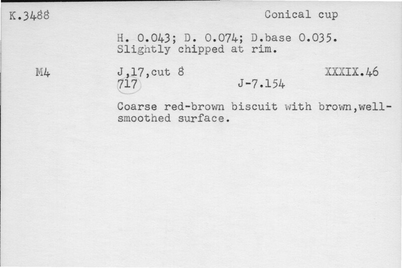 Index card with typed and handwritten information, sometimes including a sketch, of pottery from an excavation.
