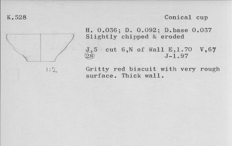 Index card with typed and handwritten information, sometimes including a sketch, of pottery from an excavation.