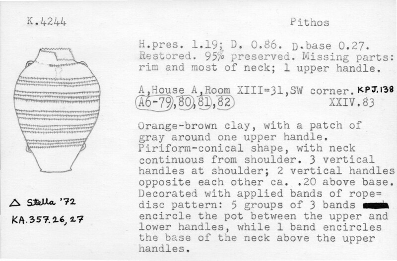 Index card with typed and handwritten information, sometimes including a sketch, of pottery from an excavation.