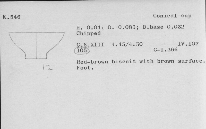 Index card with typed and handwritten information, sometimes including a sketch, of pottery from an excavation.