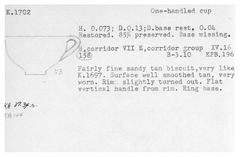 Index card with typed and handwritten information, sometimes including a sketch, of pottery from an excavation.
