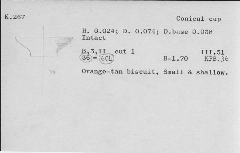 Index card with typed and handwritten information, sometimes including a sketch, of pottery from an excavation.