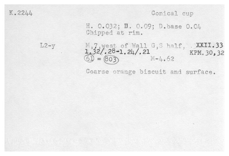 Index card with typed and handwritten information, sometimes including a sketch, of pottery from an excavation.