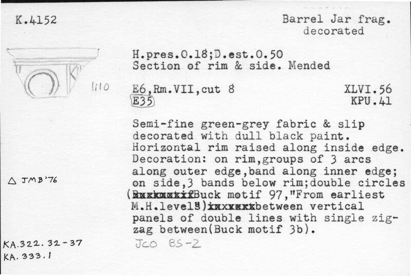 Index card with typed and handwritten information, sometimes including a sketch, of pottery from an excavation.