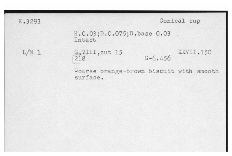 Index card with typed and handwritten information, sometimes including a sketch, of pottery from an excavation.