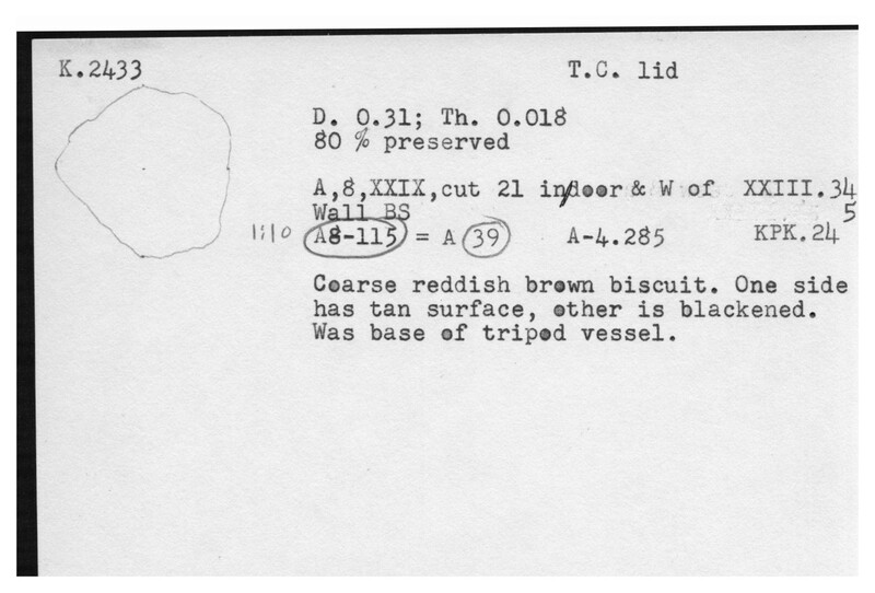Index card with typed and handwritten information, sometimes including a sketch, of pottery from an excavation.