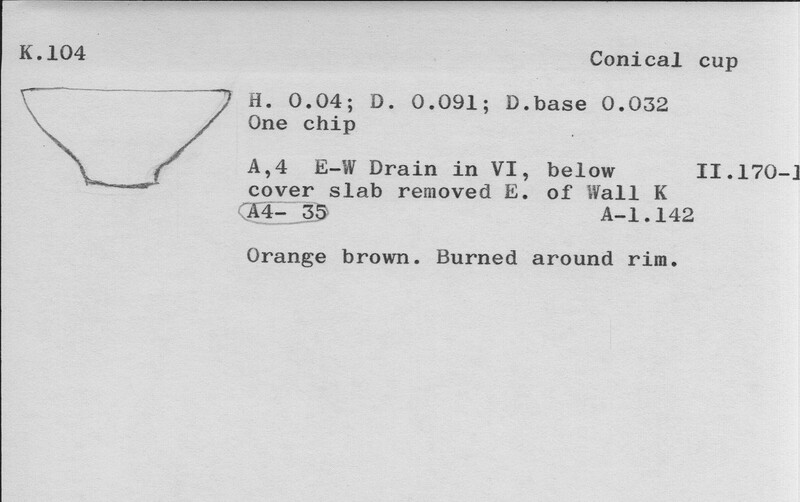 Index card with typed and handwritten information, sometimes including a sketch, of pottery from an excavation.
