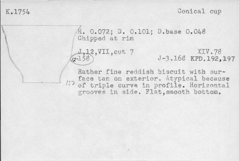 Index card with typed and handwritten information, sometimes including a sketch, of pottery from an excavation.