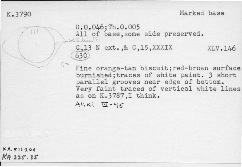 Index card with typed and handwritten information, sometimes including a sketch, of pottery from an excavation.