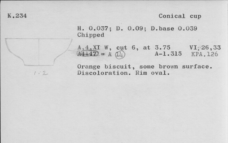 Index card with typed and handwritten information, sometimes including a sketch, of pottery from an excavation.