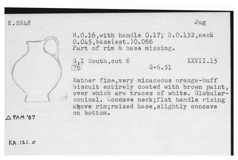Index card with typed and handwritten information, sometimes including a sketch, of pottery from an excavation.
