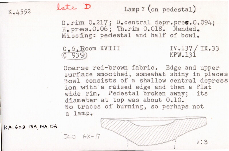 Index card with typed and handwritten information, sometimes including a sketch, of pottery from an excavation.