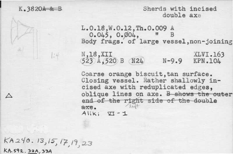 Index card with typed and handwritten information, sometimes including a sketch, of pottery from an excavation.