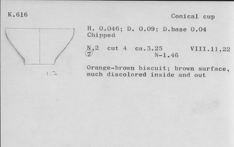 Index card with typed and handwritten information, sometimes including a sketch, of pottery from an excavation.