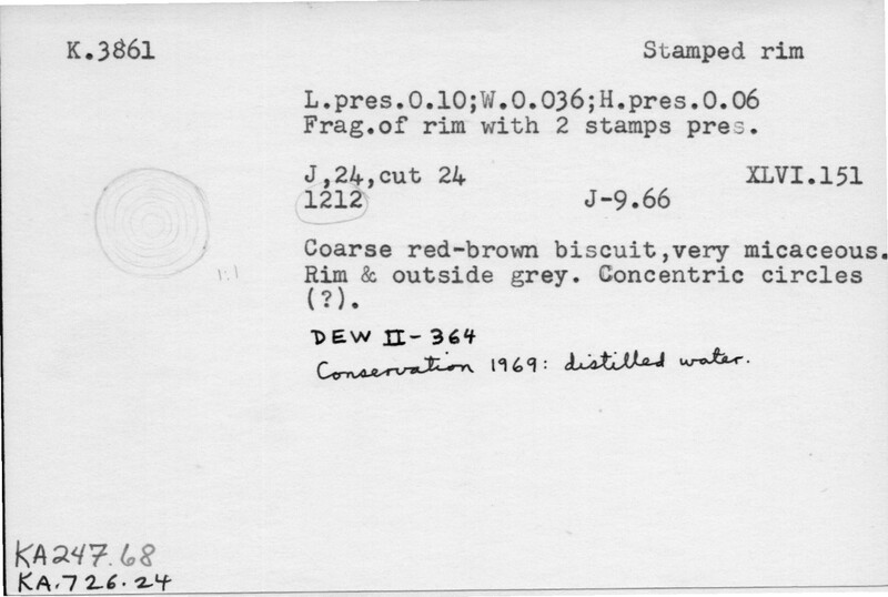 Index card with typed and handwritten information, sometimes including a sketch, of pottery from an excavation.